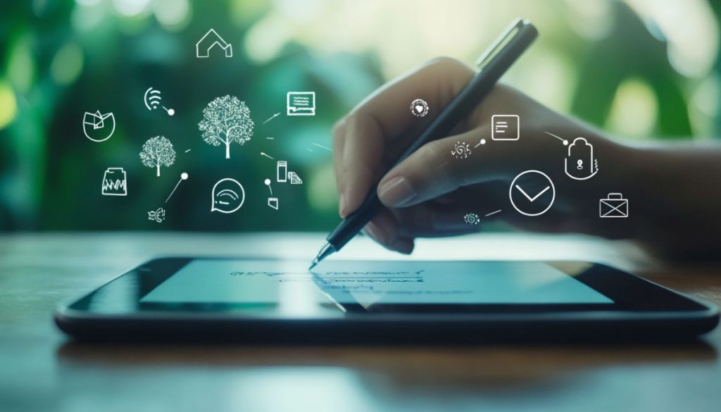 Die Person verwendet beim Unterschreiben von Verträgen eine digitale Signatur.