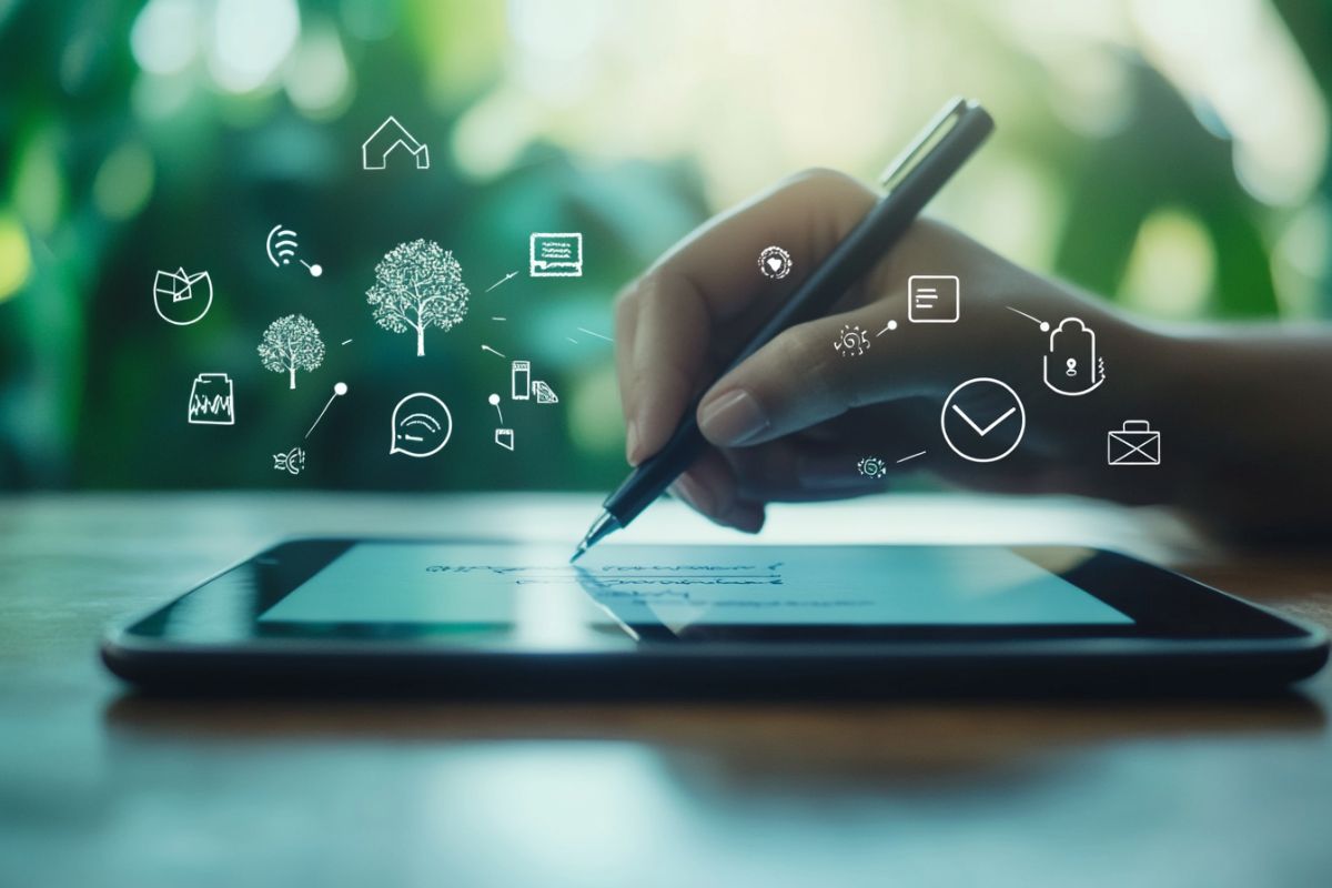 Die Person verwendet beim Unterschreiben von Verträgen eine digitale Signatur.
