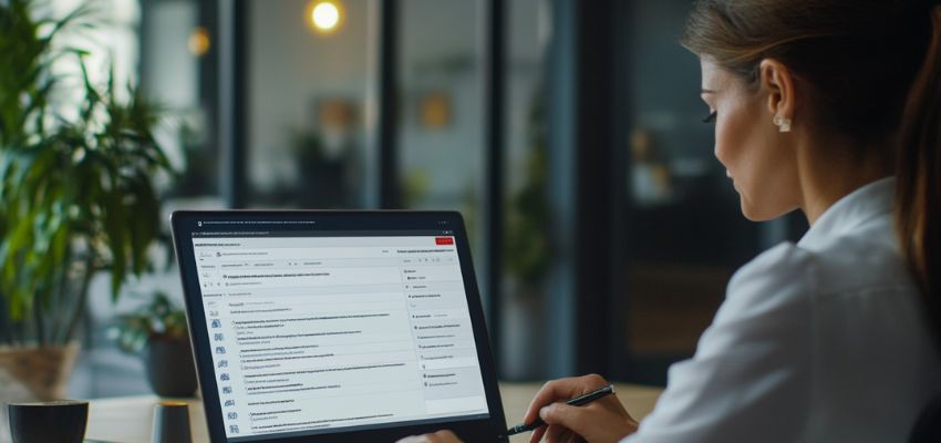 La femme étudie le déroulement du cycle de vie de la gestion des contrats.