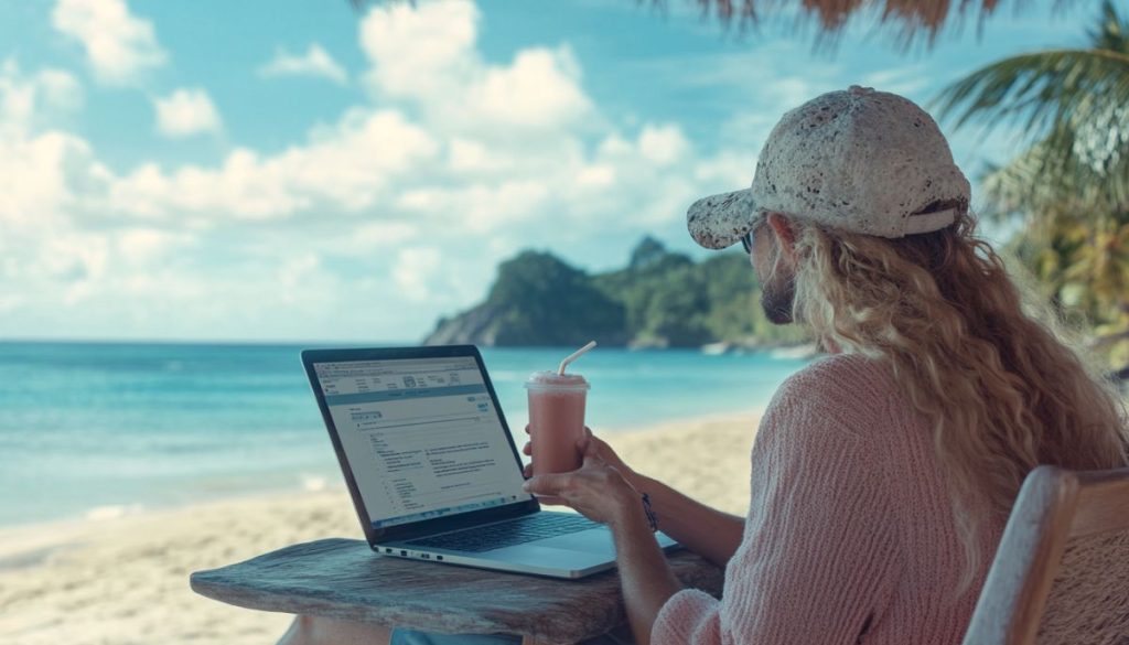 L'homme utilise un outil pour créer un formulaire en ligne avec une signature alors qu'il est en vacances.