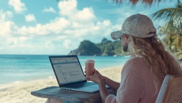 The man uses a tool to create an online form with a signature while on vacation.