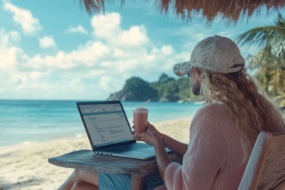 L'uomo utilizza uno strumento per creare un modulo online con una firma mentre è in vacanza.