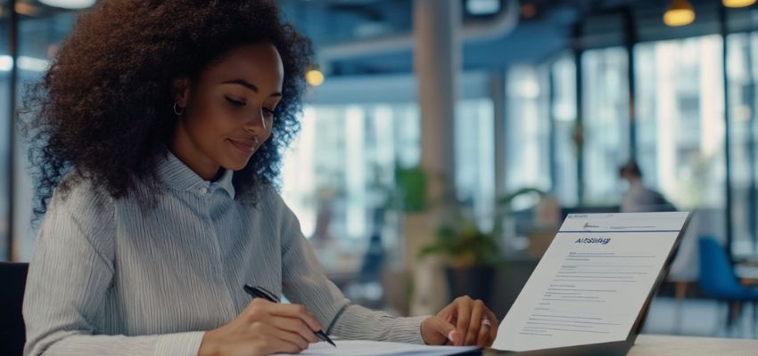 La donna è felice dopo aver firmato il documento digitale.