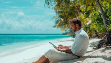 The man signs the document using an application while on vacation.