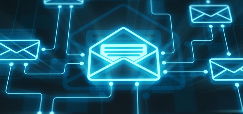 Digital concept of what is file encryption showing secure email communication through encrypted network connections.