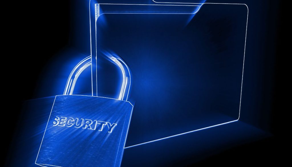Visual representation of what is file encryption with a neon blue folder and a padlock labeled security, highlighting data safety.
