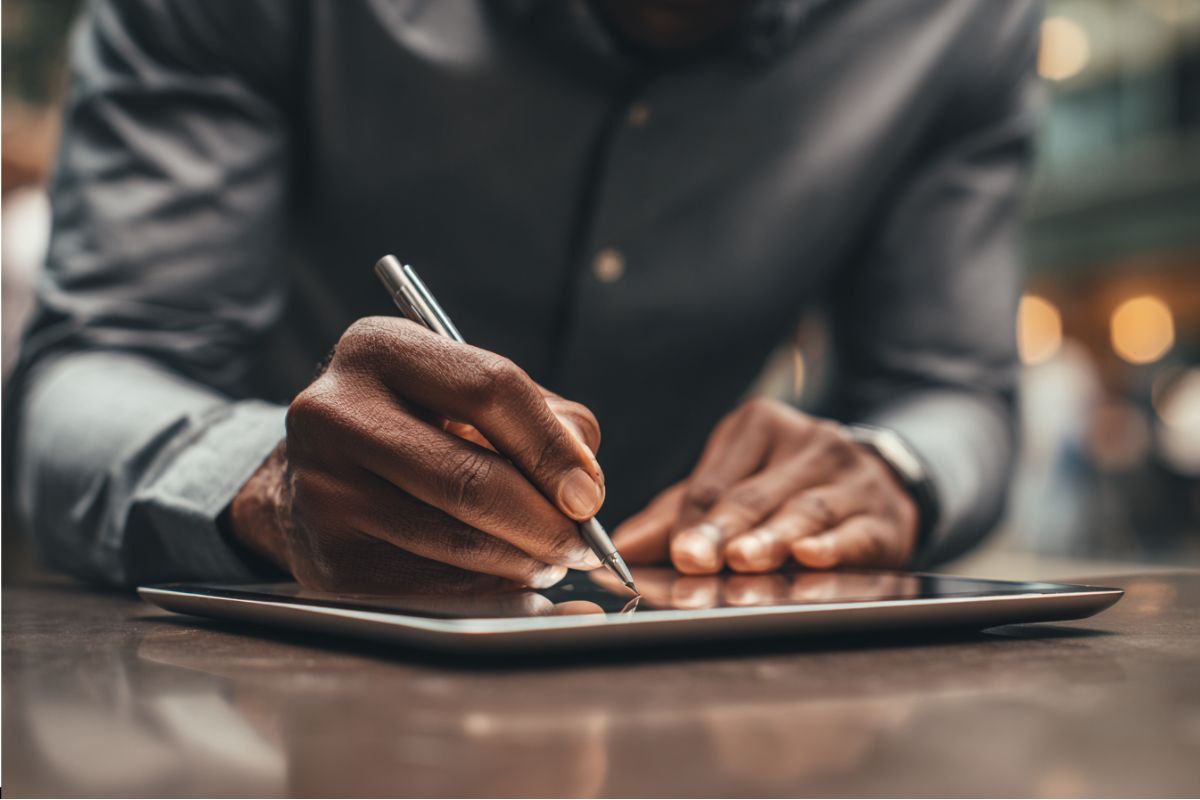 Der Mann unterzeichnete einen digitalen Vertrag über eine individuelle elektronische Unterschrift.