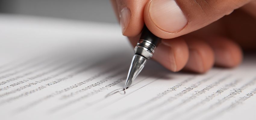 Person signing a legal document with pen, showing the difference between contract and agreement in practice.
