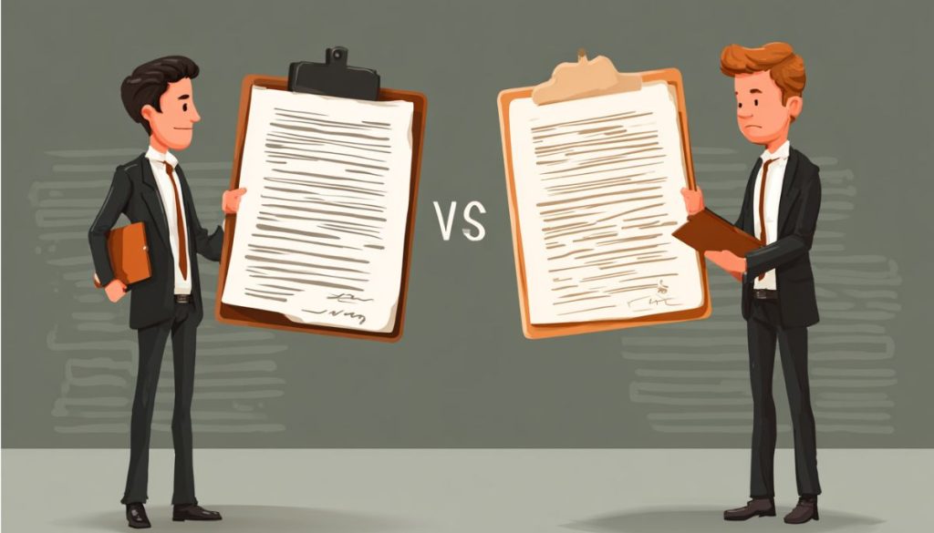 Illustrazione di due uomini d'affari che tengono documenti a confronto, a rappresentare la differenza tra contratto e accordo.