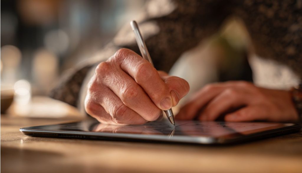 Professionnel signant un document sur une tablette illustrant un sens dûment signé