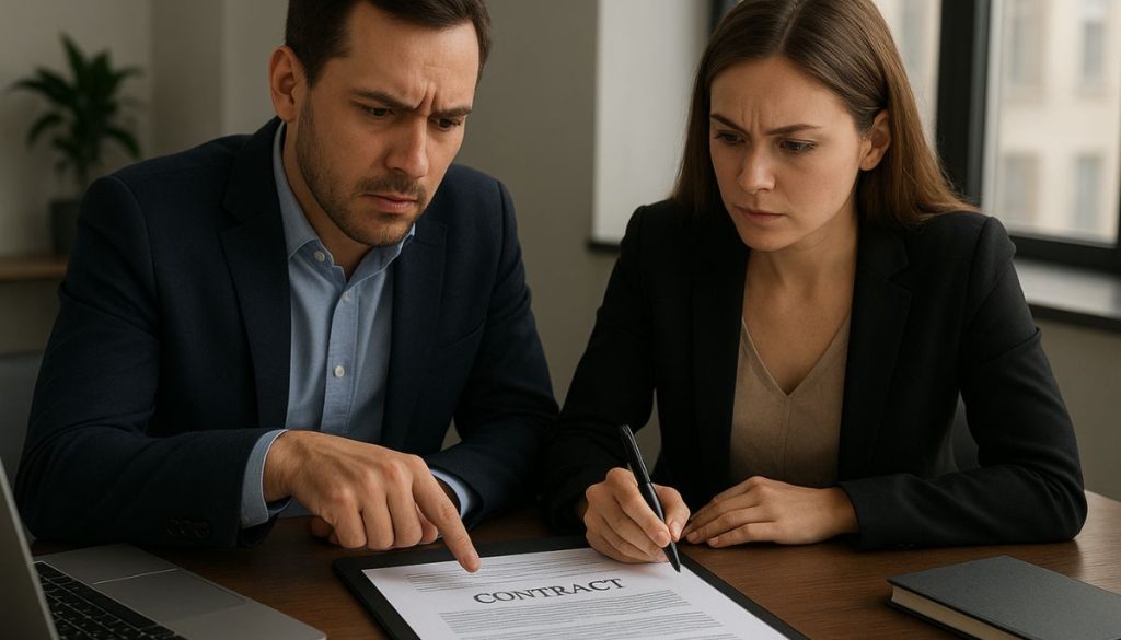 Two employees are preparing the contracts.
