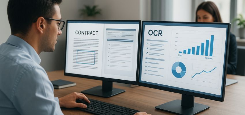 Professional using OCR contract software on dual monitors to analyze digital documents and contract data.