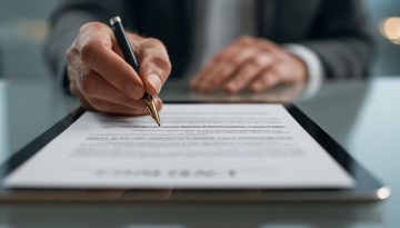 Professionista d'affari che firma un contratto valido visualizzato su una tavoletta digitale in un ufficio.
