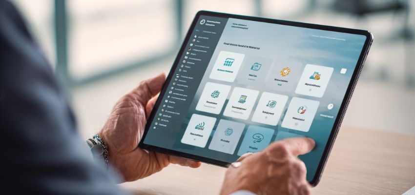 Man browsing through a tablet interface that displays organized digital contracts powered by contract automation software.
