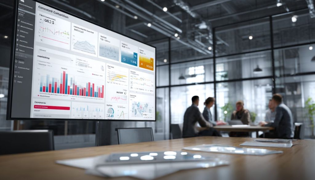 Team meeting in an office reviewing figures on a large screen using a contract management platform.