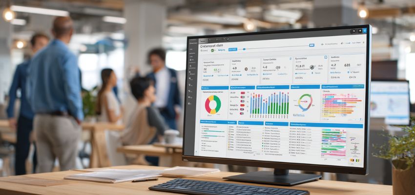 Computer displaying contract management platform analytics with a team collaborating in the background.