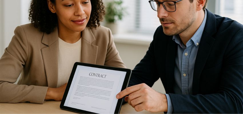 Two colleagues discussing terms on a digital contract during a contract negotiation meeting.