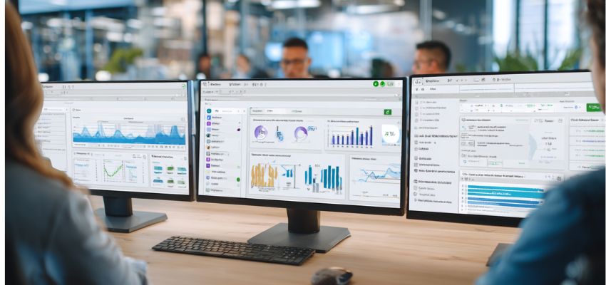 Team collaborating in an office with multiple screens displaying analytics related to contract risk management.