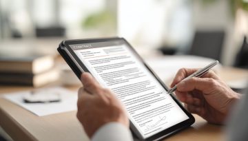 Business professional holding a tablet and using a stylus to add an electronic signature at the bottom of a digital contract, finalizing the contract summary and approval process.