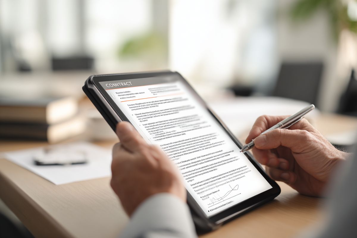 Business professional holding a tablet and using a stylus to add an electronic signature at the bottom of a digital contract, finalizing the contract summary and approval process.