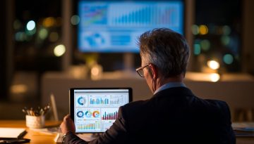 Senior businessman in a dark office intently studying financial graphs and KPI dashboards on a tablet late at night, highlighting ongoing struggles caused by poor asset management and inefficient resource allocation.