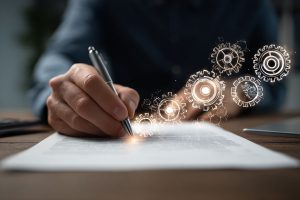 Close-up of a hand signing a document with digital gears overlay, symbolizing post contract management and workflow optimization.