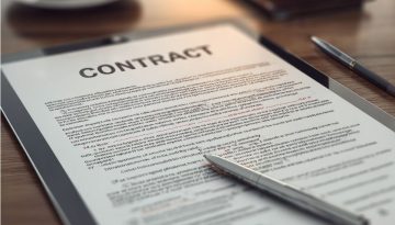 Tablet resting on a desk showing a formal contract document titled 'CONTRACT' with highlighted and annotated sections, depicting the careful review process involved in an indemnification agreement, with a pen ready for signatures or notes.