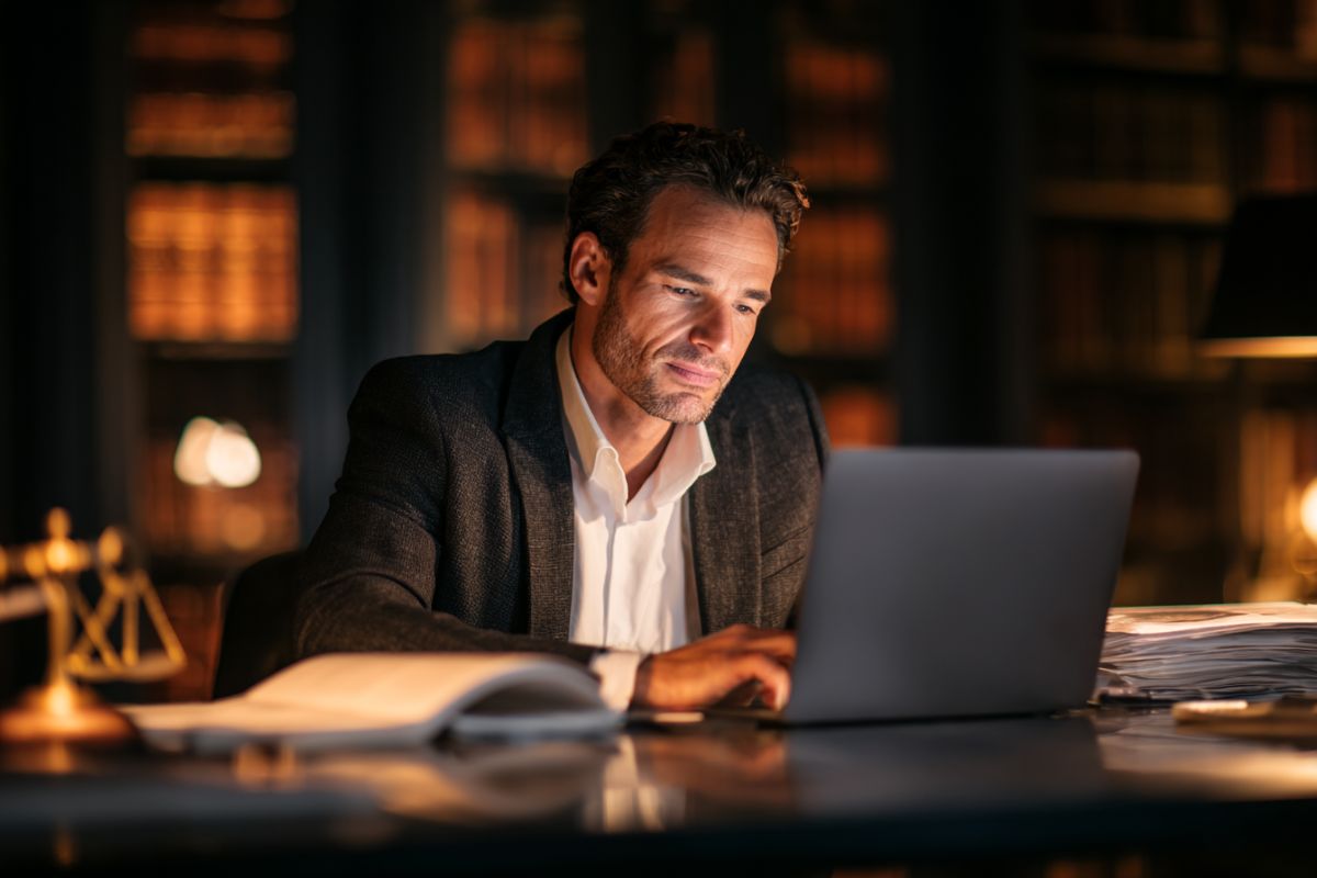 Professional lawyer in a gray suit focused on his laptop screen late at night in a law library, surrounded by stacks of legal documents and a judge’s gavel, illustrating the integration of legal AI into modern legal practice and case preparation
