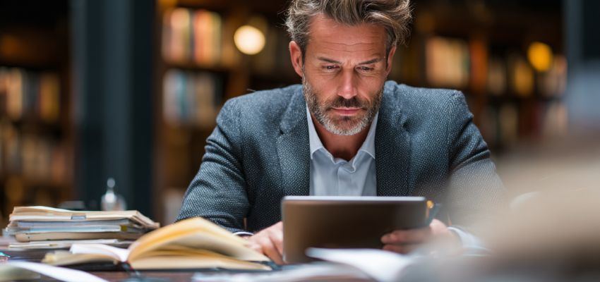 Concentrated middle-aged attorney in a tailored suit reviewing case documents on a tablet in a traditional law library filled with bookshelves, representing how legal AI tools are increasingly used alongside classic legal research methods