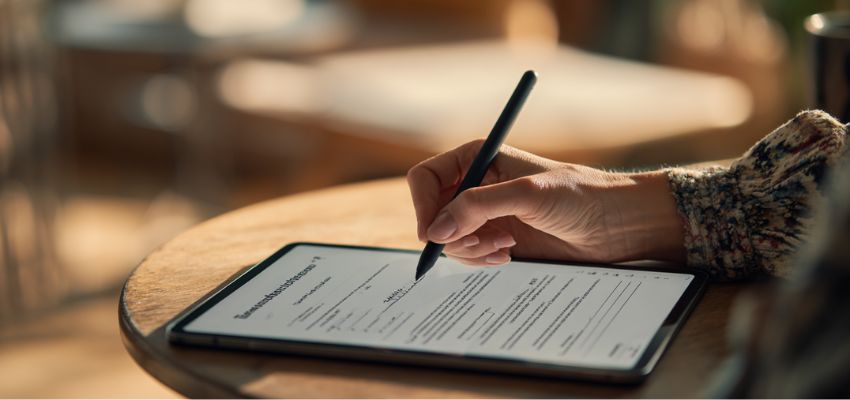 Businesswoman reviewing performance contract.